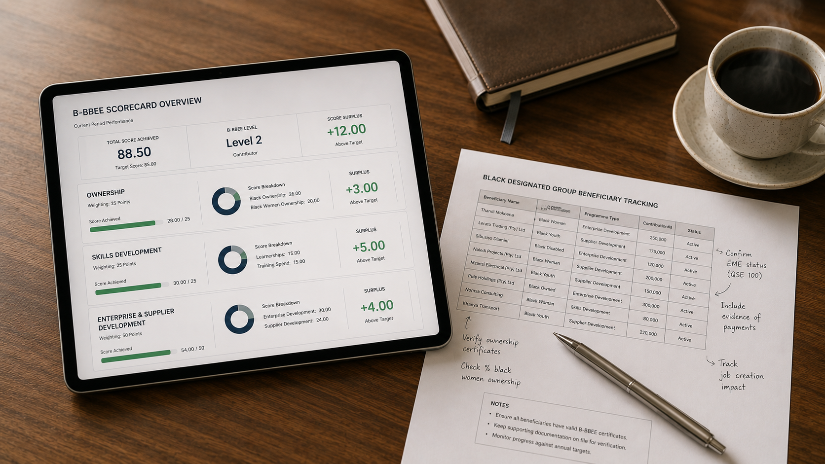 b-bbee-bonus-points B-BBEE bonus points dashboard — corporate scorecard review showing surplus credit allocations across Ownership, Skills Development, and ESD elements