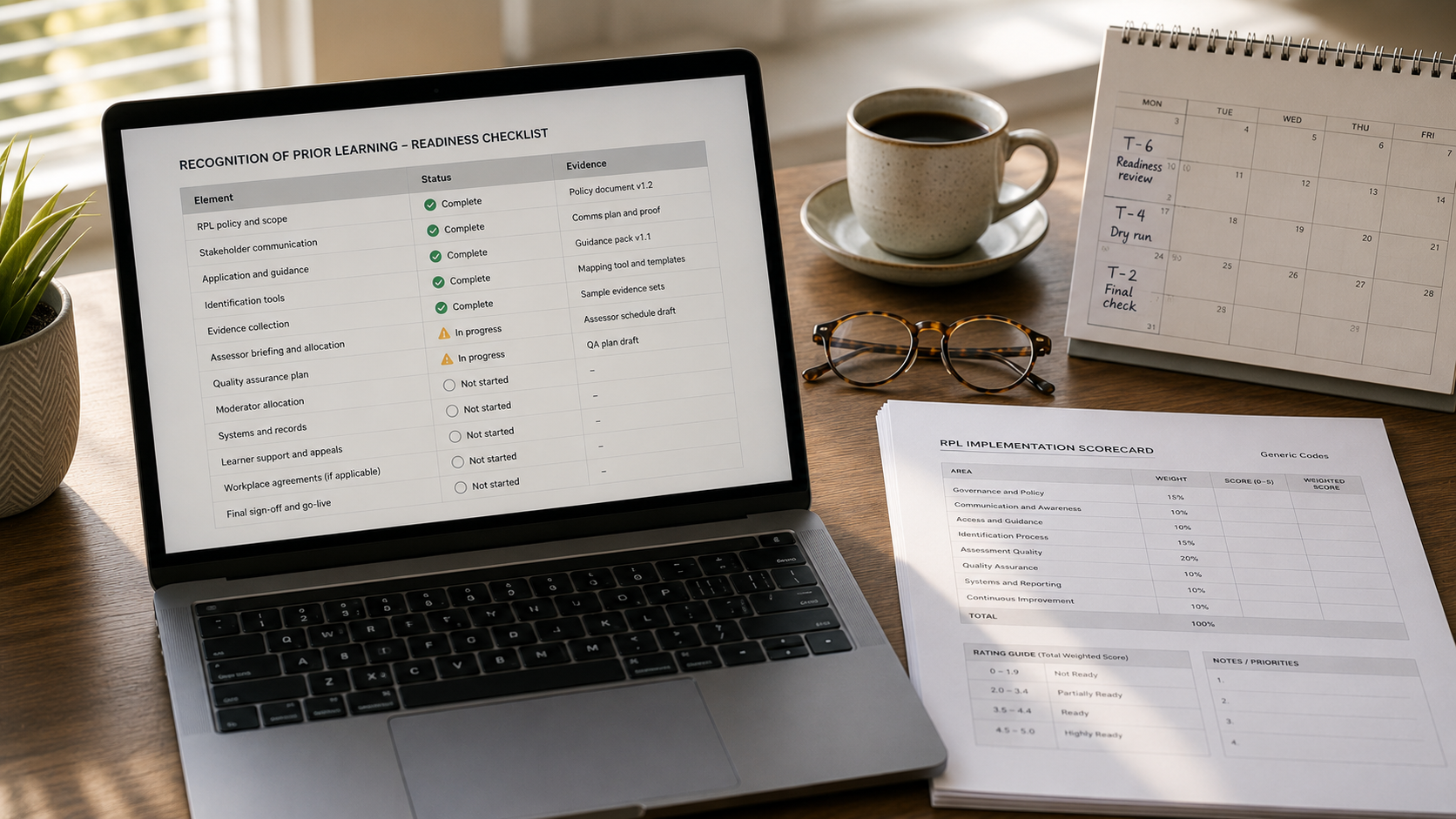 b-bbee-compliance-audit B-BBEE compliance audit — a laptop displaying a structured evidence-file checklist beside a printed scorecard and a verification calendar on a wooden desk
