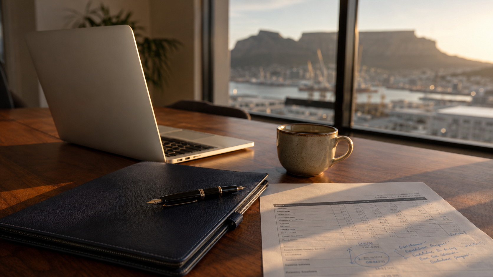 b-bbee consultants cape town B-BBEE consultants Cape Town engagement materials on a desk with V&A Waterfront view in soft background