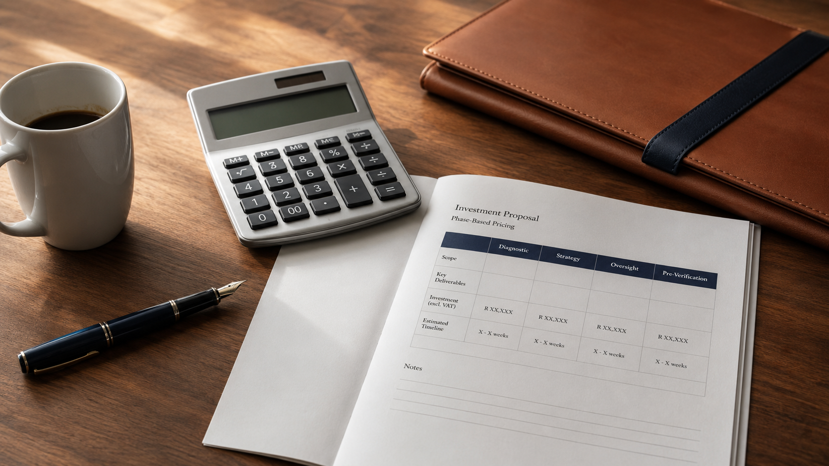 b-bbee consulting cost south africa B-BBEE consulting cost South Africa quote breakdown on a desk with calculator and proposal document