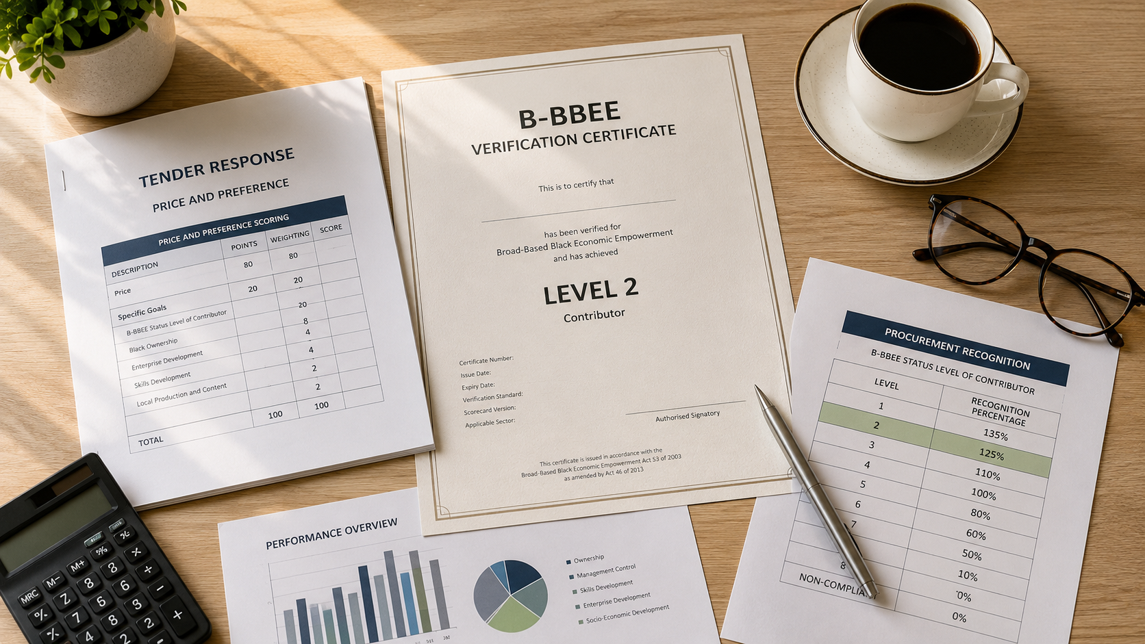 b-bbee recognition levels B-BBEE recognition levels flat-lay — a Level 2 certificate, a tender document, and a procurement recognition table laid out on a desk