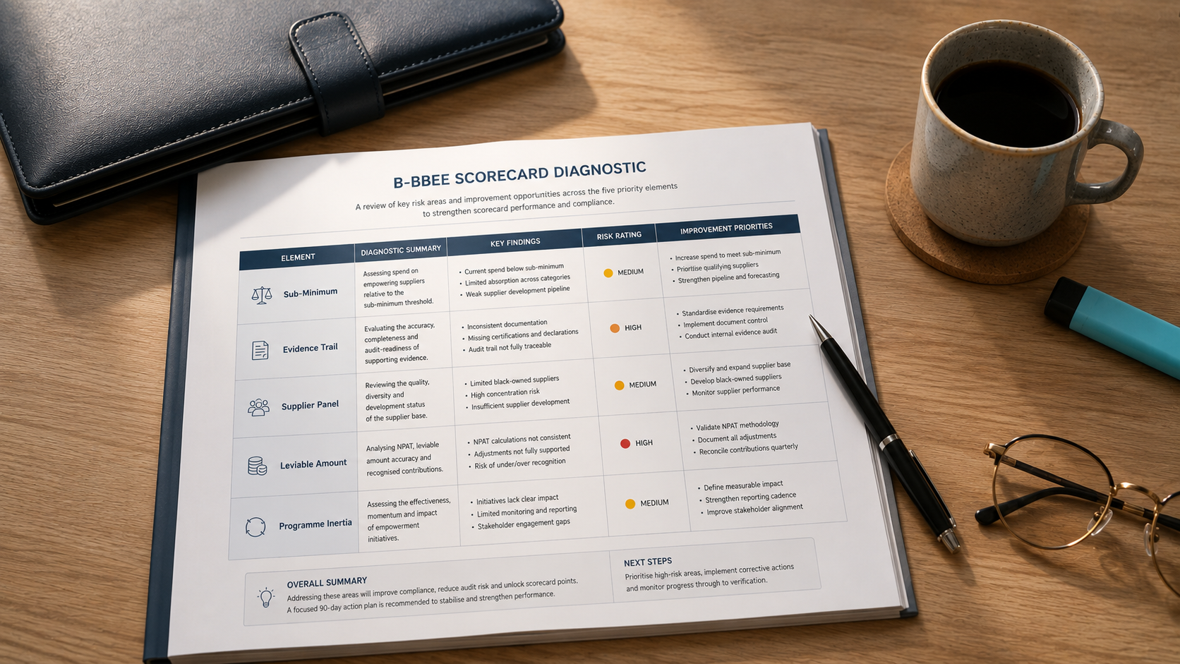 b-bbee-scorecard-problems B-BBEE scorecard problems diagnostic flat-lay with sub-minimum analysis, supplier panel report and Leviable Amount reconciliation pages