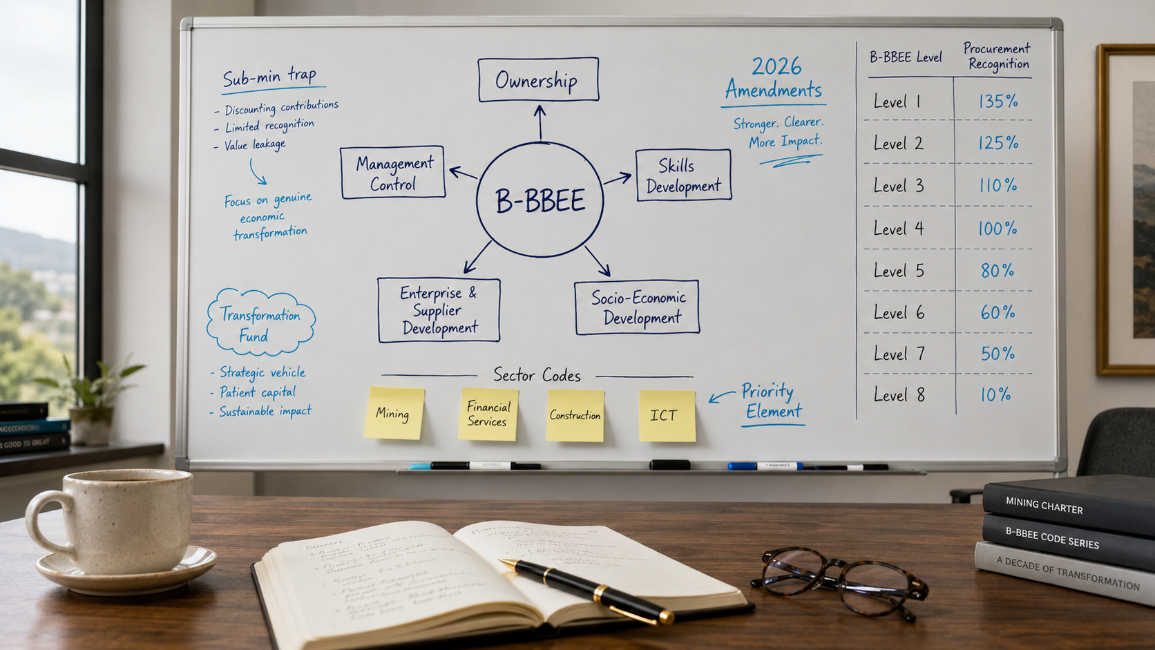 b-bbee-south-africa B-BBEE South Africa whiteboard strategy session showing scorecard elements, levels framework, and sector codes mapped out on a corporate boardroom whiteboard with sticky notes and handwritten priority element annotations