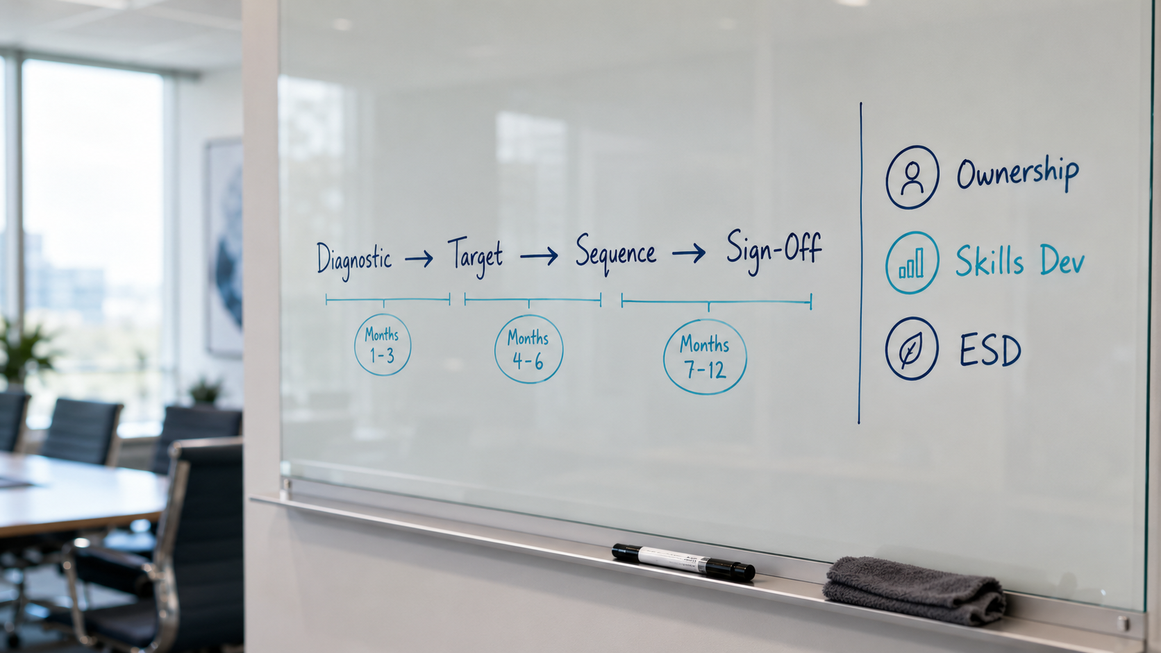 b-bbee strategy development B-BBEE strategy development roadmap on a glass whiteboard with markers and execution phases