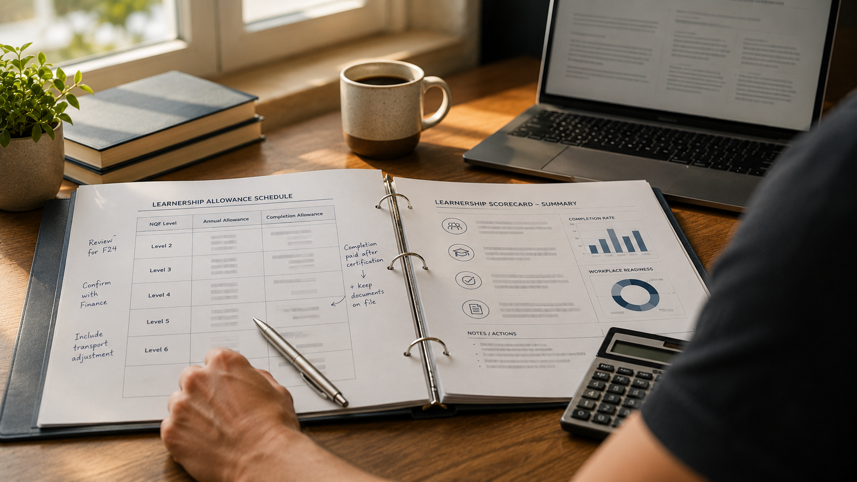 b-bbee-tax-implications B-BBEE tax implications — over-the-shoulder view of a Chartered Accountant reviewing a Section 12H allowance schedule alongside a scorecard at a desk