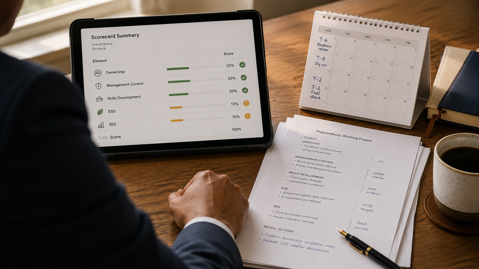 b-bbee-verification-consultant B-BBEE verification consultant — over-the-shoulder view of an advisor reviewing scorecard evidence and a verification calendar on a tablet beside printed working papers