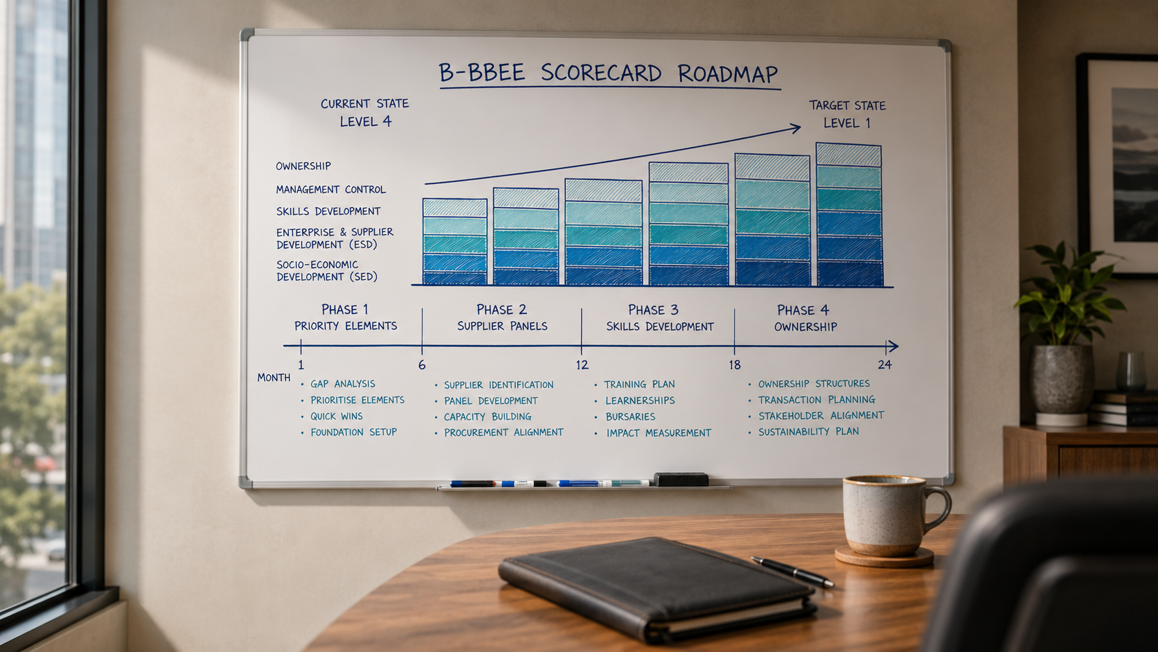 level-4-to-level-1 Level 4 to Level 1 B-BBEE scorecard roadmap whiteboard with element gap analysis and 18-24 month phasing