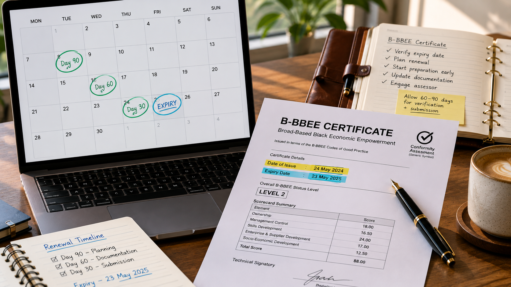 b-bbee-certificate-validity B-BBEE certificate validity and renewal calendar — a laptop showing a calendar view with the expiry date marked, beside a printed B-BBEE certificate displaying the issue and expiry dates
