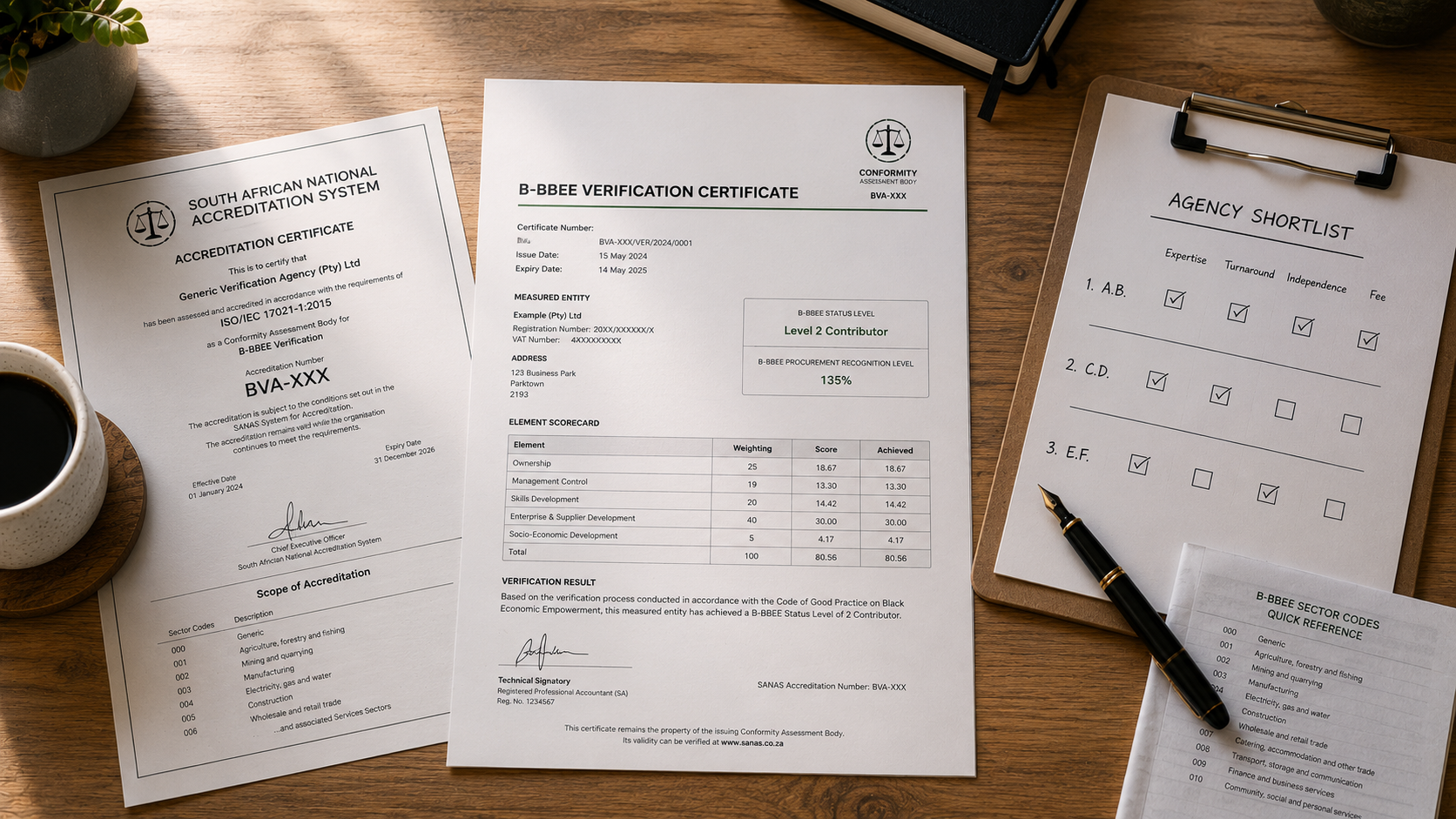 b-bbee-verification-agency B-BBEE verification agency selection — a top-down view of a B-BBEE certificate beside a SANAS accreditation document, a shortlist checklist, and a clipboard with criteria notes