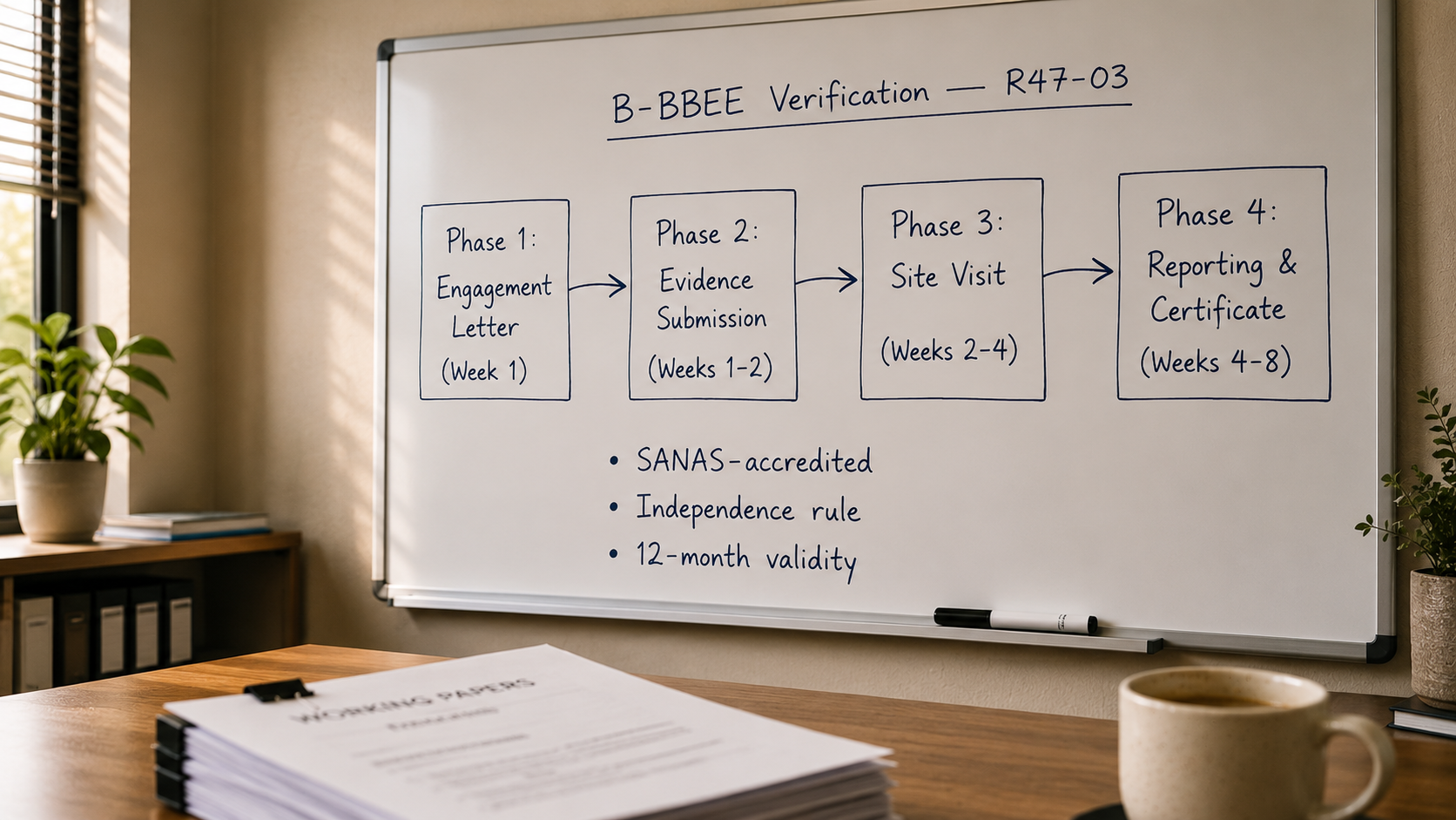 b-bbee-verification-process B-BBEE verification process — a whiteboard showing a four-phase timeline from engagement letter through site visit to certificate issuance, with R47-03 framework notes