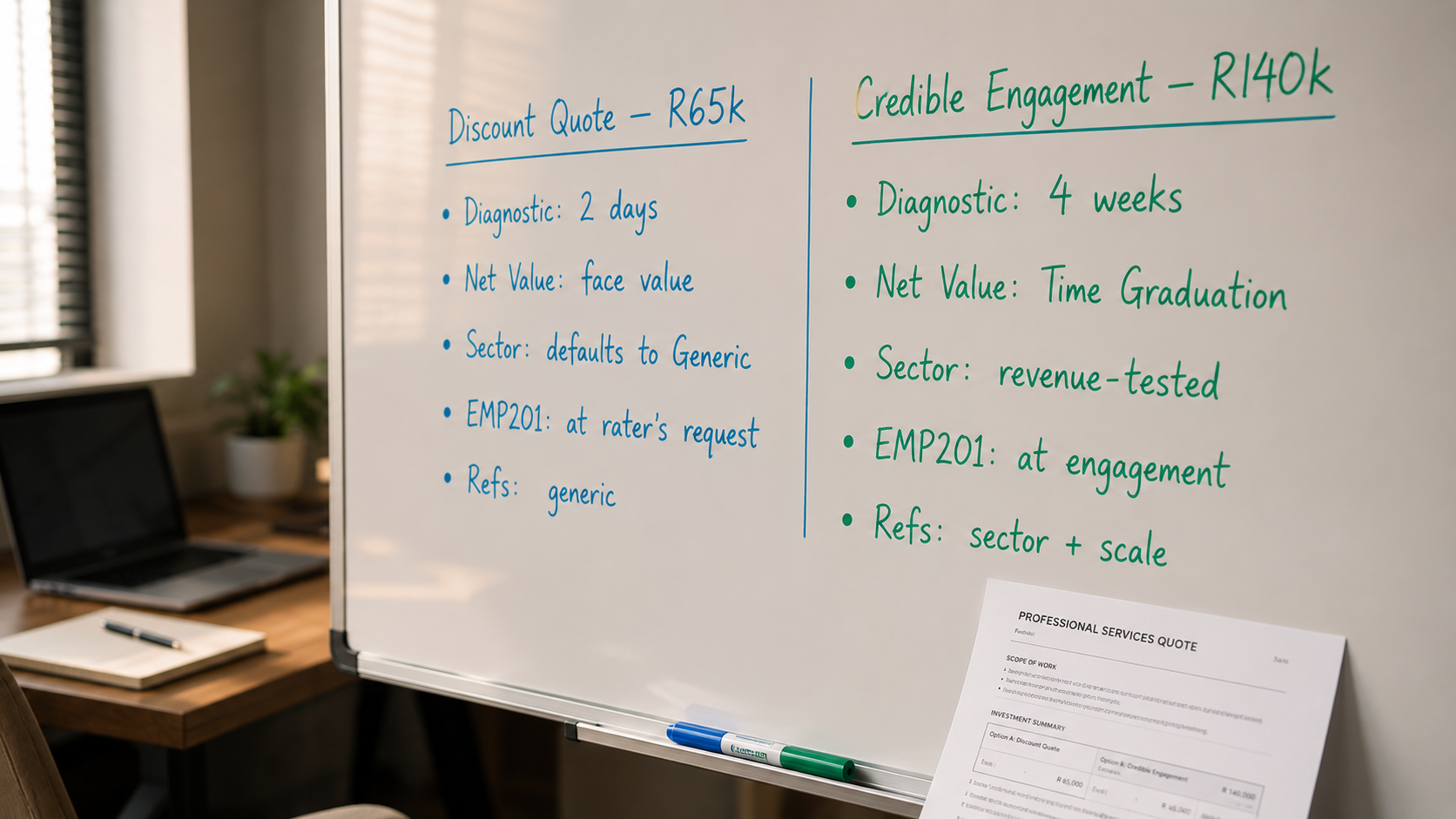 cheap-b-bbee-consulting Cheap B-BBEE consulting risks — a whiteboard with a two-column comparison sketched in cyan and green markers showing discount-quote shortcuts versus credible engagement diagnostics