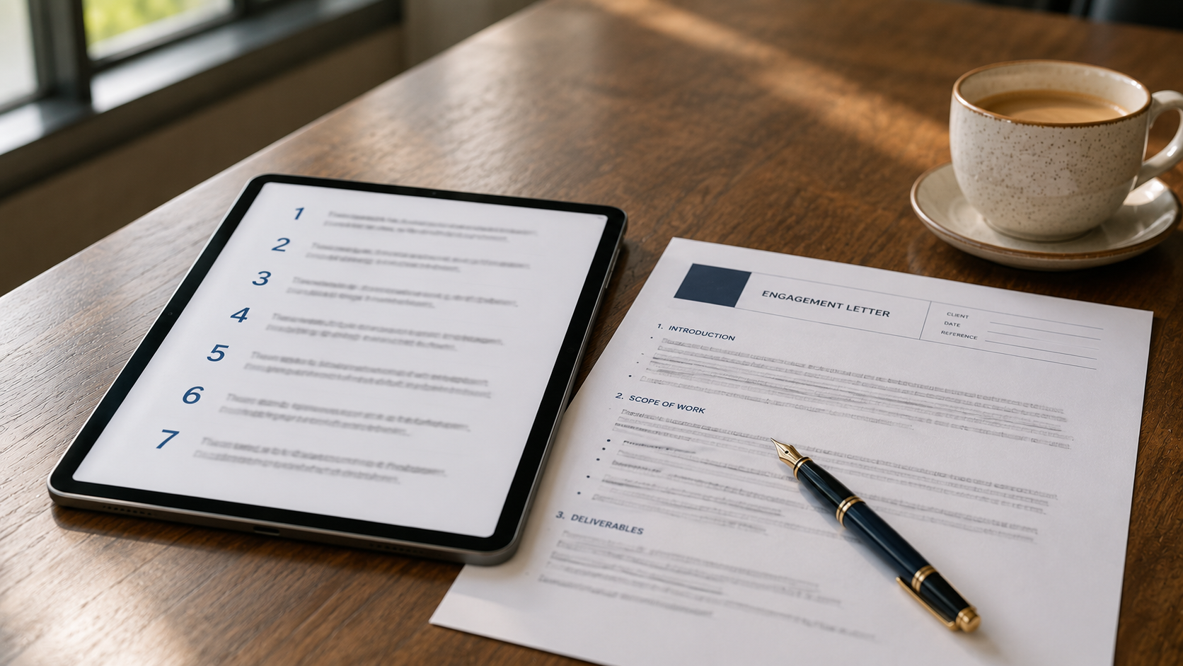 choose-b-bbee-consultant Choose B-BBEE consultant — a tablet displaying a seven-question selection framework alongside a printed engagement letter draft on a corporate boardroom table