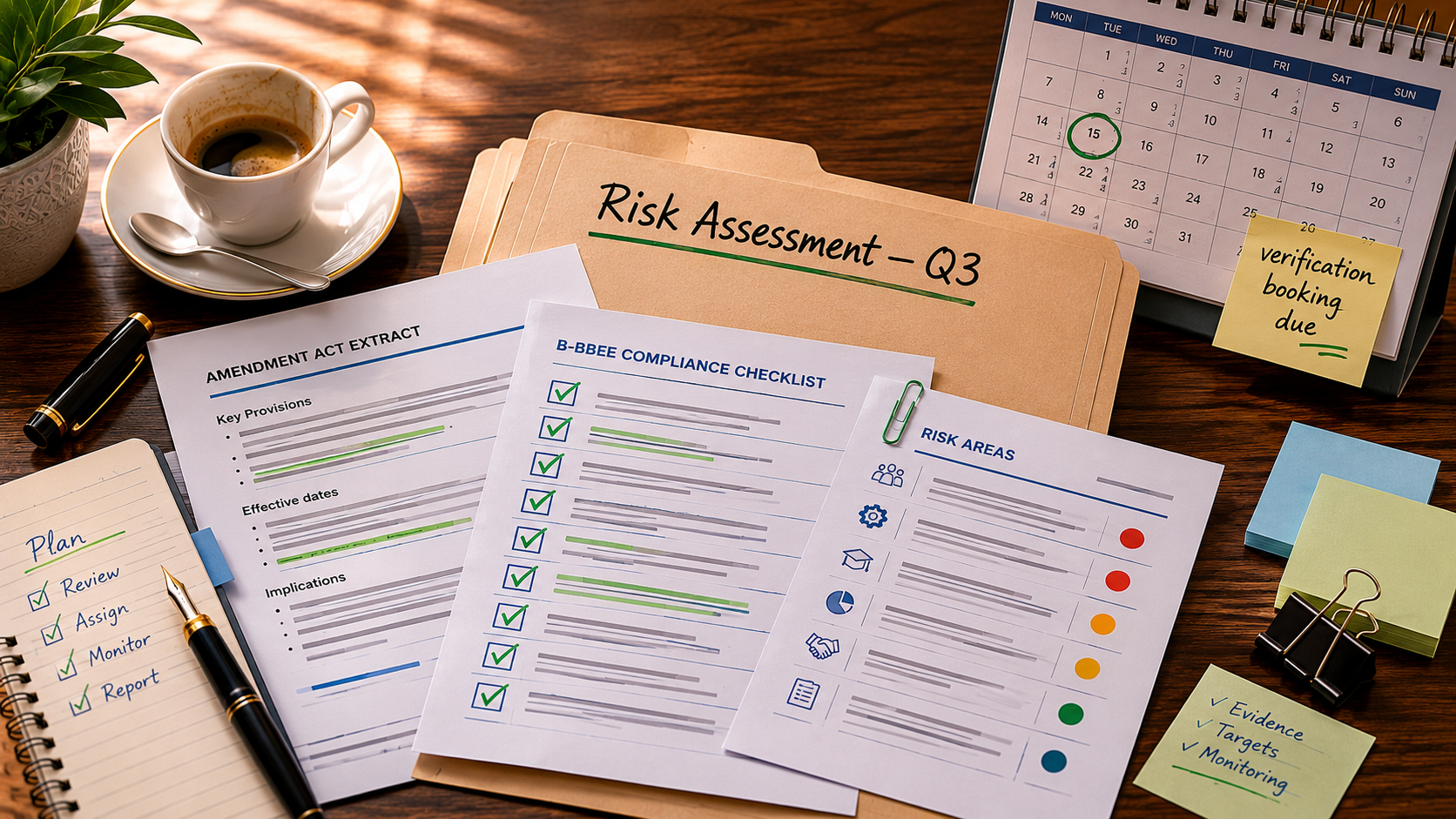 compliance-risk-assessment-folder B-BBEE non-compliant risks — flat-lay of risk assessment folder and Amendment Act extract