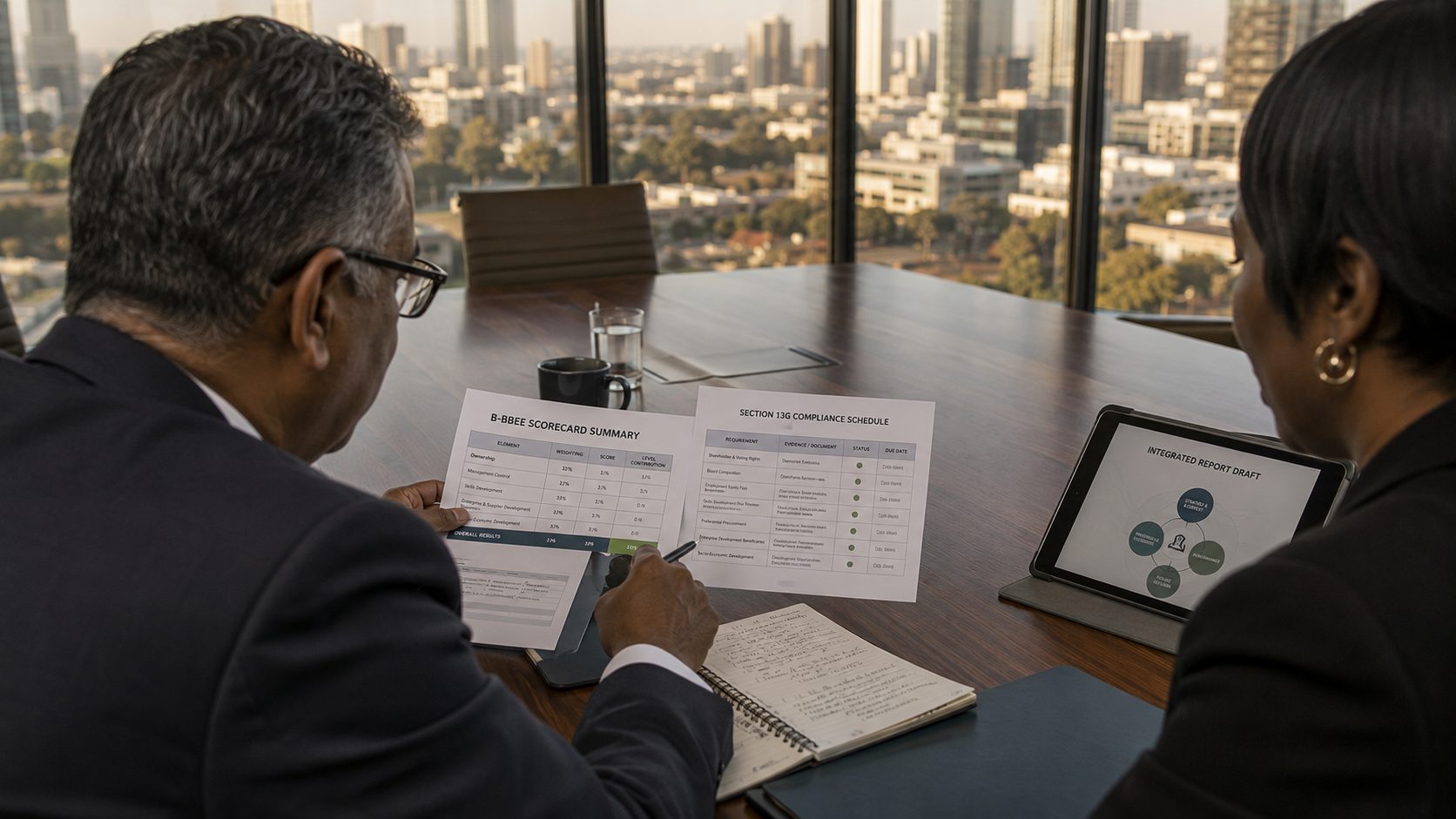 corporate-transformation-strategy B-BBEE consulting JSE-listed companies — senior advisor reviewing transformation strategy with corporate executive