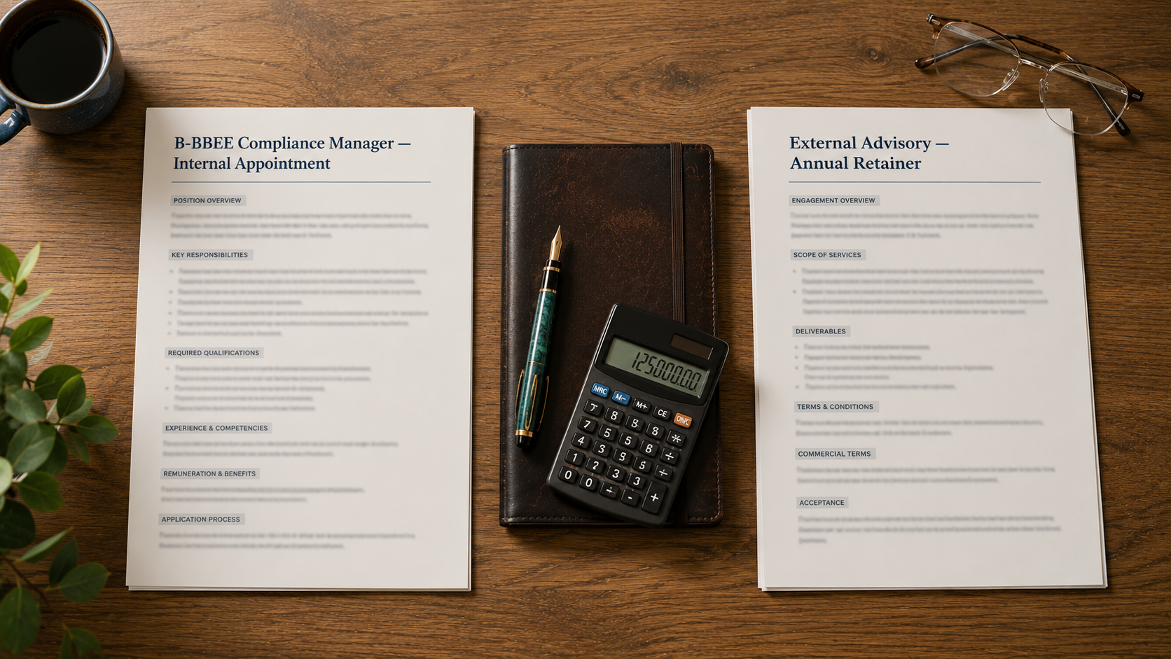 in-house-b-bbee-officer In-house B-BBEE officer vs consultant — a flat-lay of an HR job description document beside an external advisory engagement letter, with a notebook and calculator on a desk