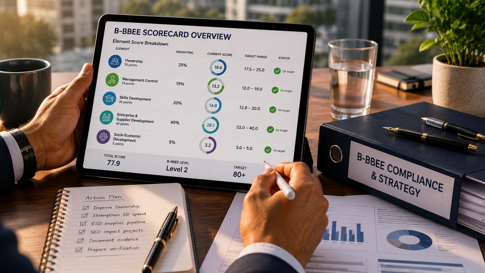 scorecard-points-analysis-tablet B-BBEE Level 2 Requirements — element scorecard analysis on tablet beside compliance binder