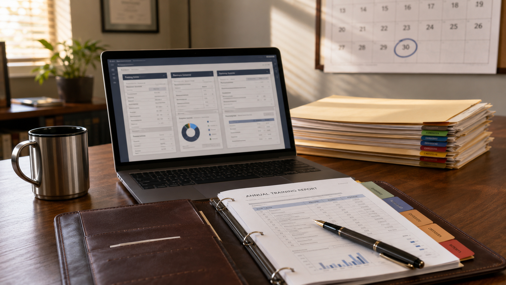 annual-filing-portal-review-desk workplace skills plan submission — device and object view of annual training filing review at desk