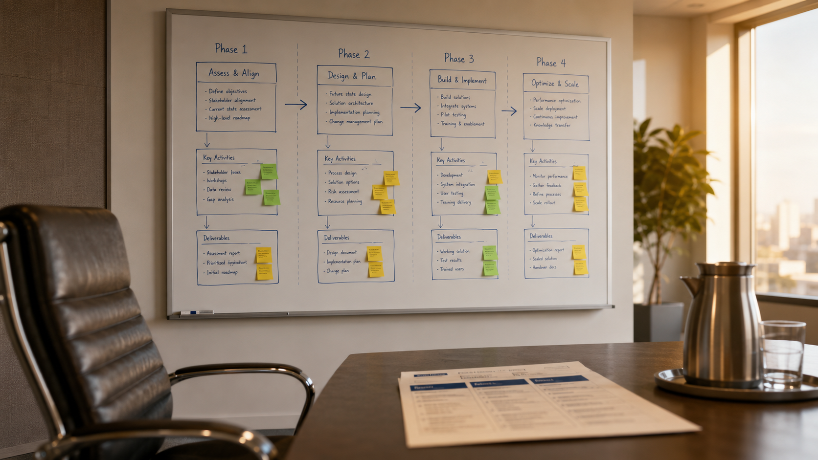 strategy-whiteboard-planning-session design ESD programme B-BBEE — whiteboard showing four-phase planning framework