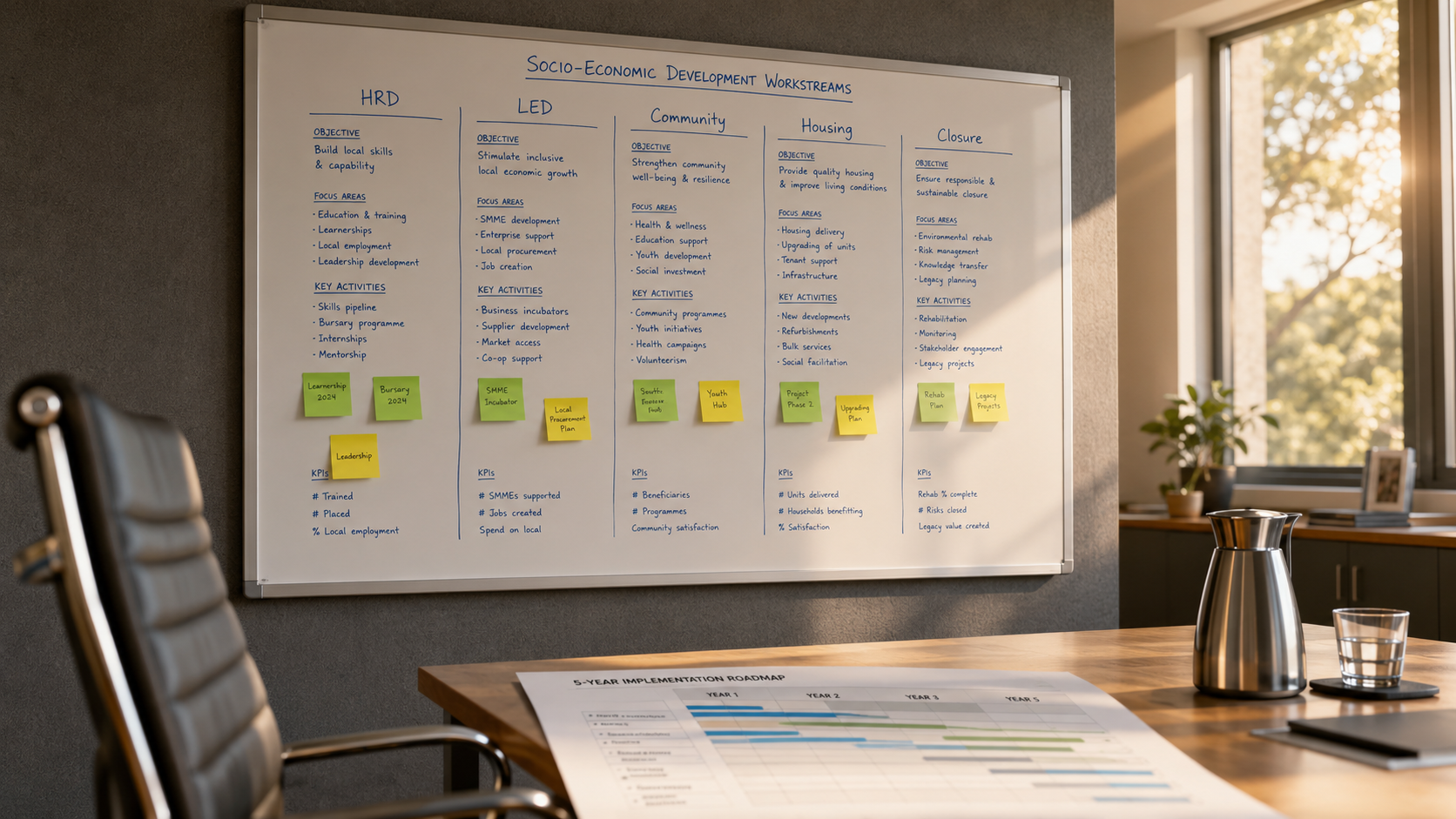 strategy-whiteboard-workstream-planning social labour plans mining sector — whiteboard showing five-workstream planning framework