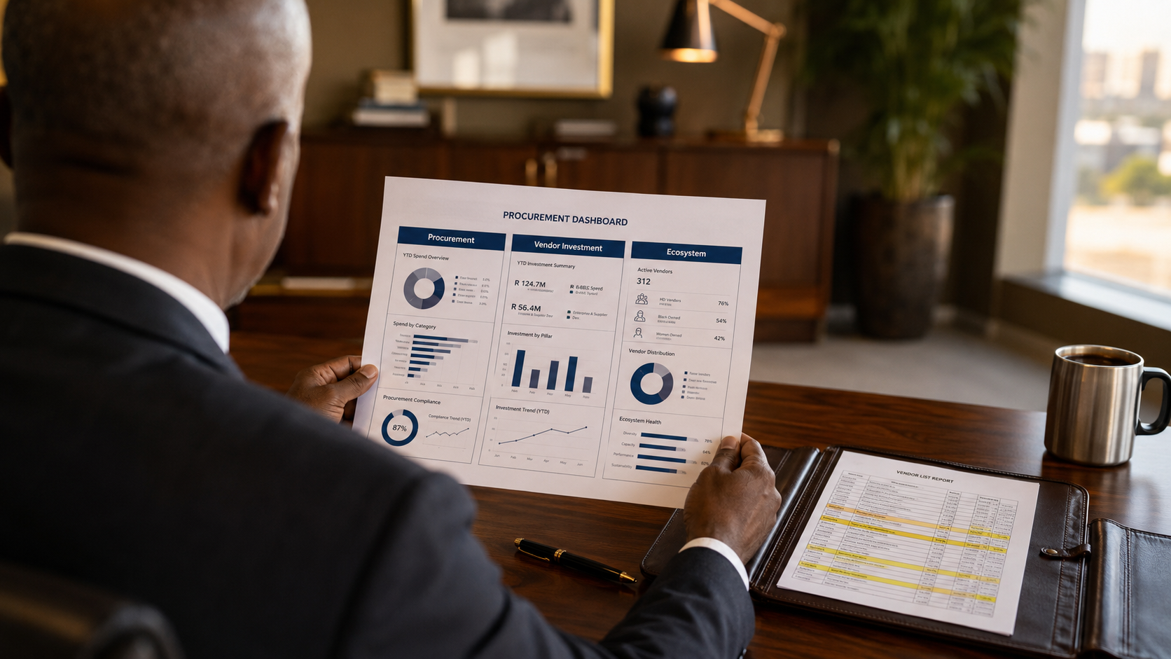 vendor-review-boardroom-notes enterprise supplier development ESD — over-the-shoulder view of vendor review notes and procurement data