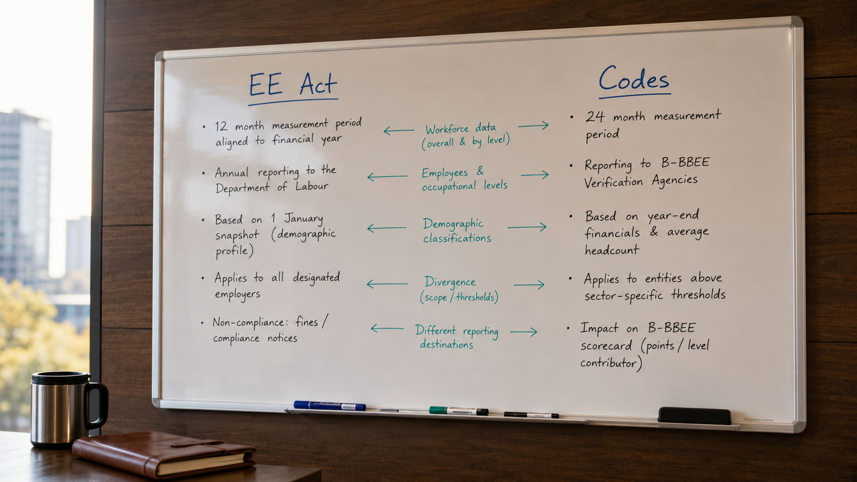 workforce-composition-review-board employment equity B-BBEE — whiteboard review of workforce composition and compliance calendar