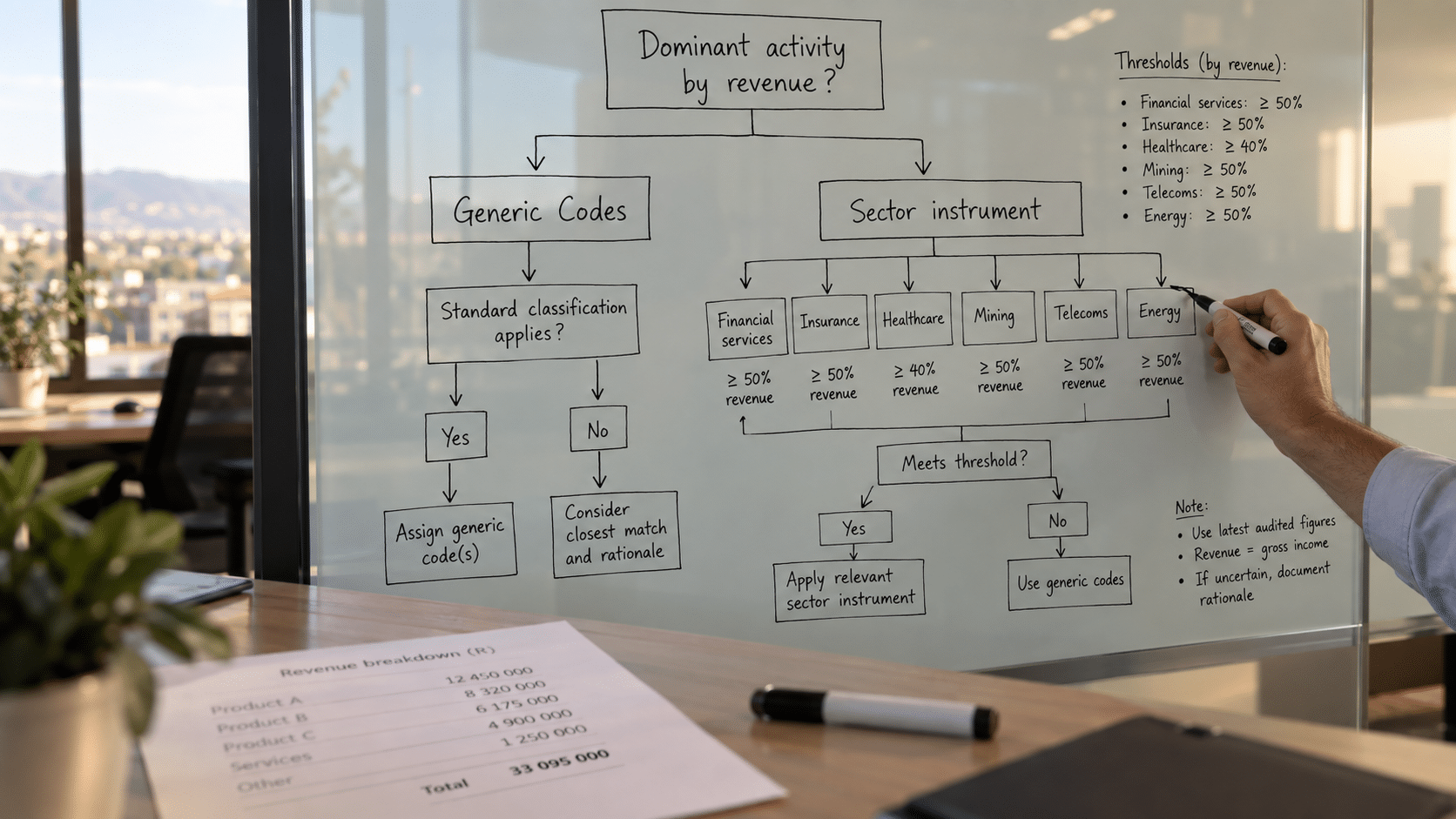 B-BBEE code comparison whiteboard mapping dominant activity to generic or sector framework