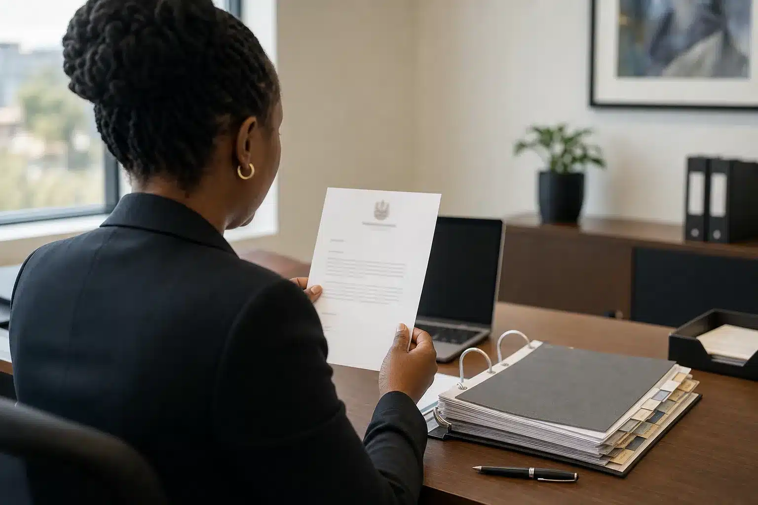 Compliance officer reviewing a regulator's letter and evidence binder, a scene about B-BBEE Commission powers