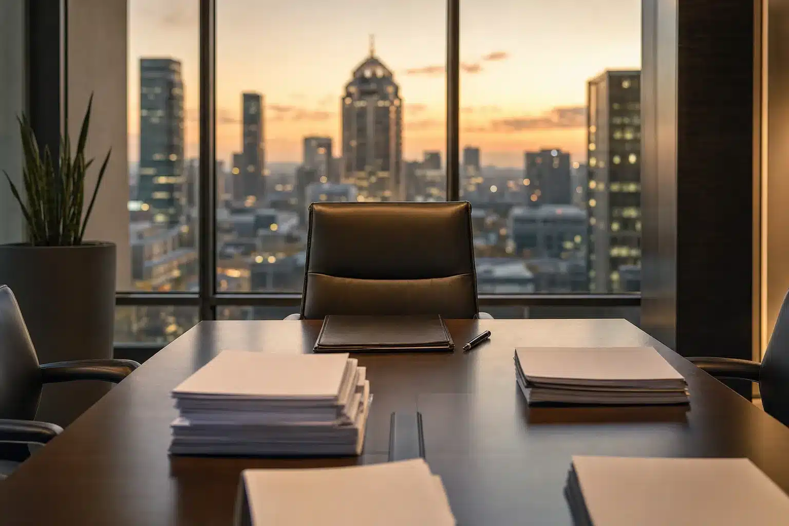 Fronting B-BBEE governance review setting: an empty Sandton boardroom at dusk with documents on the table