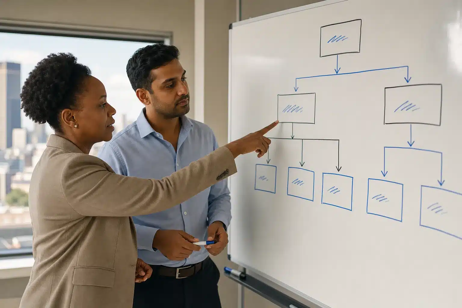 black ownership b-bbee Black ownership B-BBEE structure sketched on a whiteboard as two colleagues discuss it in a Johannesburg office