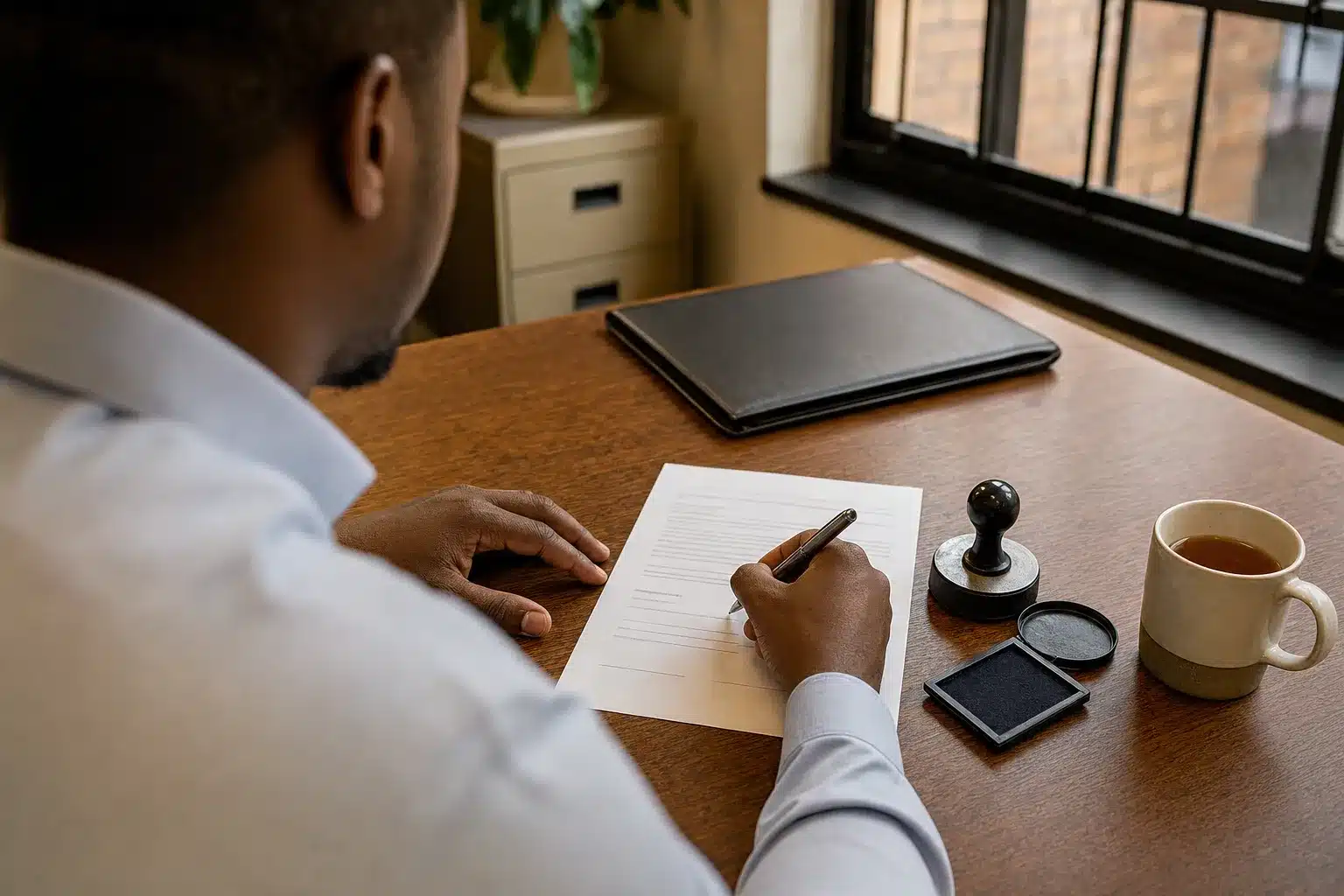 B-BBEE affidavit requirements in practice: a business owner signs a sworn statement beside a commissioner of oaths stamp