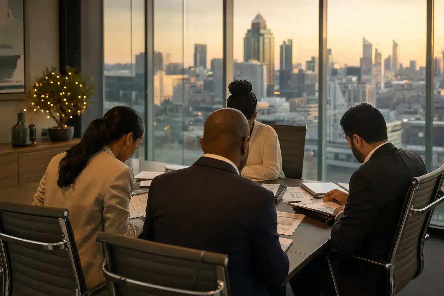 B-BBEE 2026 review corporates scene: a leadership team in a Sandton glass meeting room going through printed reports